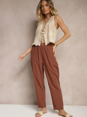 Ciemnobrązowe Spodnie z Bawełny High Waist Sonirea
