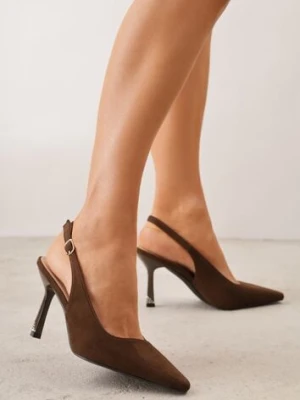Ciemnobrązowe Szpilki VICES Slingback Ozdobione Cyrkoniami na Obcasie Laodele