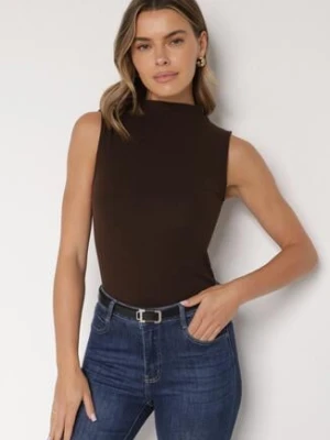 Ciemnobrązowy Bawełniany Top o Dopasowanym Kroju z Półgolfem Unarisa