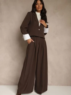 Ciemnobrązowy Garniturowy Komplet Marynarka i Spodnie z Kontrastującymi Zdobieniami Davirielle