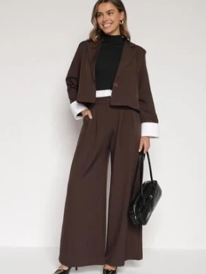 Ciemnobrązowy Komplet Garniturowy Marynarka i Spodnie z Kontrastowymi Wstawkami Daviraya