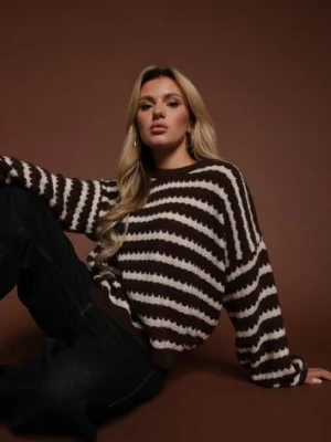 Ciemnobrązowy Oversizowy Sweter w Paski z Dzianiny z Wełną i Wiskozą Aventole jumelle