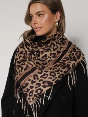 Ciemnobrązowy Panterkowy Szalik z Wiskozy Zdobiony Frędzlami Ferenea