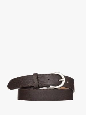 Ciemnobrązowy pasek damski ze srebrną klamrą Ryłko