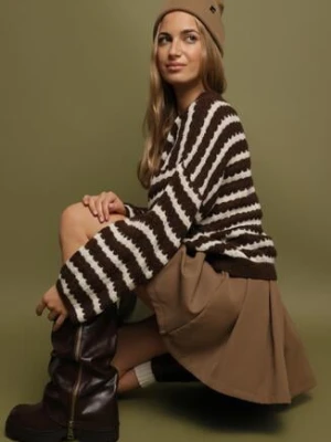 Ciemnobrązowy Sweter Oversize z Wełną i Wiskozą o Luźnym Splocie w Paski Ternose