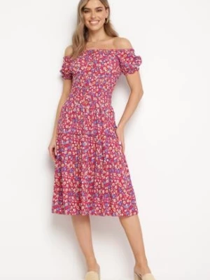 Fuksjowa Bawełniana Sukienka Midi w Kwiatowy Print o Fasonie Hiszpanki Anirpe
