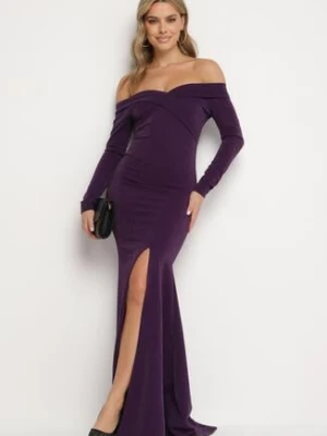 Ciemnofioletowa Dopasowana Sukienka Hiszpanka z Rozcięciem i Rozszerzanym Dołem Emilenne messaya