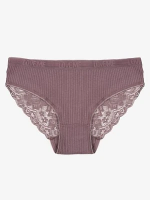 Ciemnofioletowe Bawełniane Majtki Figi z Prążkowanej Tkaniny z Koronką Erqelia han