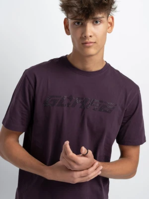 Ciemnofioletowy t-shirt z napisem z błyszczących dżetów Reporter