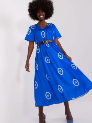 Ciemnoniebieska midi sukienka damska koktajlowa z paskiem Italy Moda