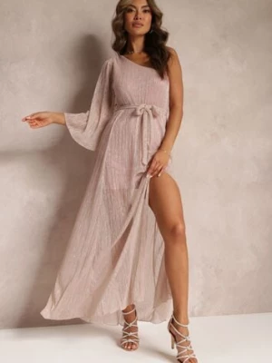 Ciemnoróżowa Asymetryczna Sukienka Maxi z Gumką i Wiązanym Paskiem w Talii Saminta lily rose