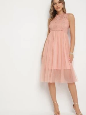 Ciemnoróżowa Koronkowa Sukienka Midi z Rozkloszowanym Dołem z Tiulu Peirene elsa.m by may