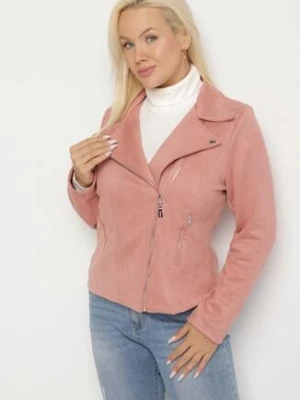 Ciemnoróżowa Kurtka Ramoneska z Imitacji Zamszu z Asymetrycznym Suwakiem Maisen christy