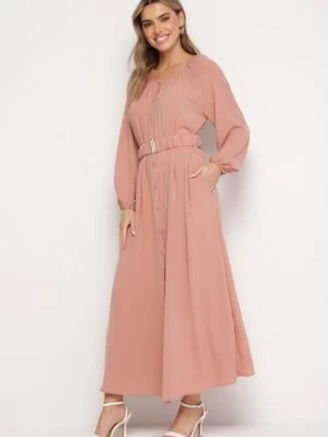 Ciemnoróżowa Luźna Sukienka Maxi z Guzikami i Paskiem z Ozdobną Klamrą Liriti rosa