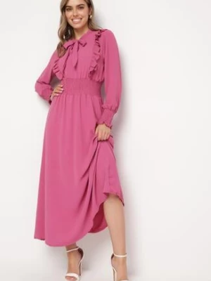 Ciemnoróżowa Rozkloszowana Sukienka Maxi Wiązana przy Dekolcie Ozdobiona Falbankami Nuteki j&x