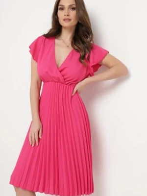 Ciemnoróżowa Rozkloszowana Sukienka Midi z Kopertową Górą i Plisowanym Dołem Alissu