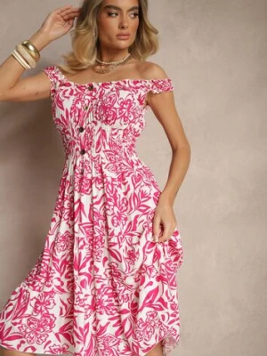 Ciemnoróżowa Rozkloszowana Sukienka z Bawełny z Guzikami Lisanissea defox