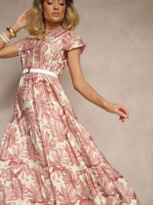 Ciemnoróżowa Rozkloszowana Sukienka z Wiskozą Zdobiona Roślinnym Printem Galmoi rosa