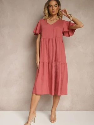 Ciemnoróżowa Rozkloszowana Sukienka z Wiskozy z Dekoltem w Serek Natasella cflo