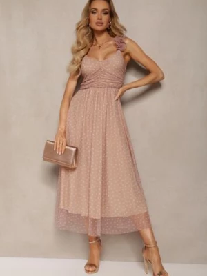 Ciemnoróżowa Sukienka Rozkloszowana na Cienkich Ramiączkach z Gumką w Pasie i Tiulem Cevalla lovery