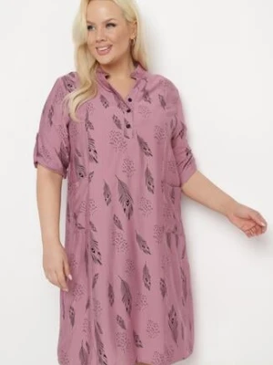 Ciemnoróżowa Sukienka Szmizjerka z Guzikami przy Dekolcie z Podwijanymi Rękawami Ketella j&x