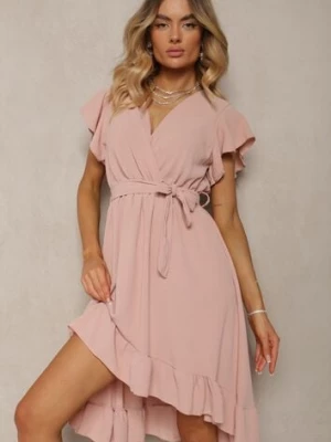 Ciemnoróżowa Sukienka z Asymetrycznym Tyłem z Kopertowym Dekoltem Ozdobiona Paskiem w Talii Toridia lovery