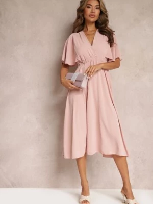 Ciemnoróżowa Sukienka z Gumką w Talii Krótkim Rękawem i Kopertowym Dekoltem Kelila lily rose