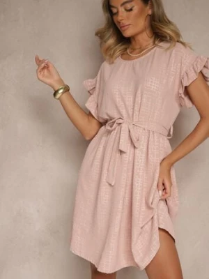 Ciemnoróżowa Sukienka z Paskiem i Falbankami przy Rękawach Folunelle j studio