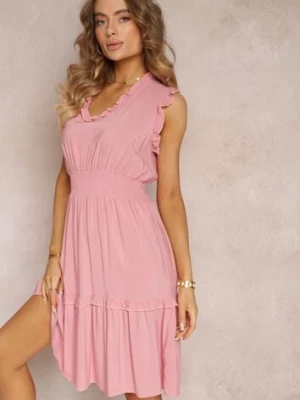 Ciemnoróżowa Sukienka z Wiskozy z Krótkimi Falbankami i Gumką w Talii Damina cflo