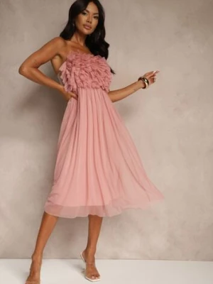 Ciemnoróżowa Tiulowa Sukienka bez Ramiączek z Falbankami Tremone lily rose