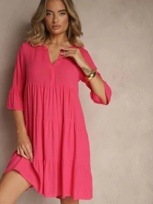 Ciemnoróżowa Wiskozowa Sukienka o Rozkloszowanym Kroju Ozdobiona Falbanami Lirione sublevel