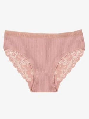 Ciemnoróżowe Bawełniane Majtki Figi z Prążkowanej Tkaniny z Koronką Erqelia han