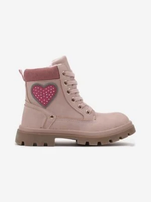 Ciemnoróżowe Płaskie Botki Trapery Ozdobione Sercem Leriscca