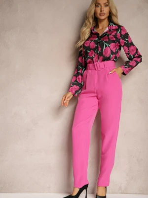 Ciemnoróżowe Spodnie Garniturowe High Waist z Paskiem Wenus Lily Rose Różowy