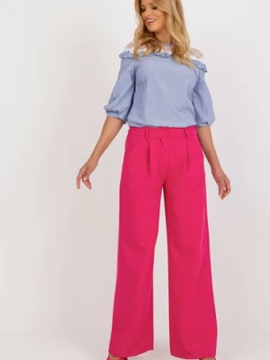 Ciemnoróżowe szerokie spodnie z materiału typu szwedy Italy Moda