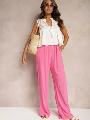 Ciemnoróżowe Szerokie Spodnie z Wiskozy z Dodatkiem Lnu Delsira retro & icone