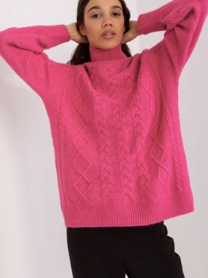 Ciemnoróżowy damski sweter z warkoczami i golfem