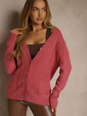 Ciemnoróżowy Kardigan z Bawełną i Tłoczonym Wzorem Reisina
