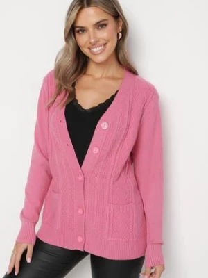 Ciemnoróżowy Kardigan z Bawełną Kieszeniami i Tłoczeniami Mevalee j&x