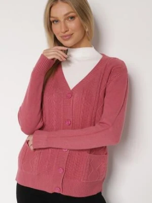 Ciemnoróżowy Kardigan z Bawełną Zdobiony Warkoczowym Splotem i Kieszeniami Mevesava