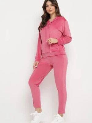 Ciemnoróżowy Komplet Dresowy z Weluru Bluza z Kapturem i Spodnie z Gumką w Pasie Avinlia