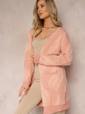 Ciemnoróżowy Luźny Kardigan Niezapinany z Dłuższym Włosiem Karsta wool fashion