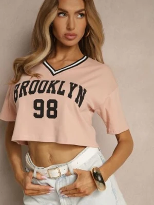 Ciemnoróżowy T-shirt z Bawełny Ozdobiony Napisem Lireline h&s