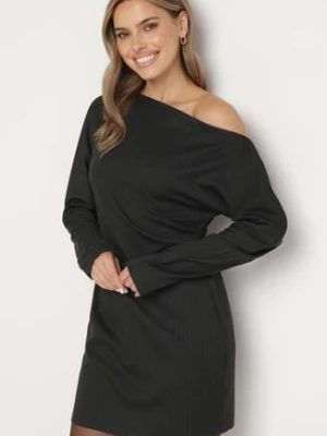 Ciemnoszara Asymetryczna Sukienka z Wiskozą z Dekoltem w Łódkę i Marszczeniem przy Talii Sofilda lefon