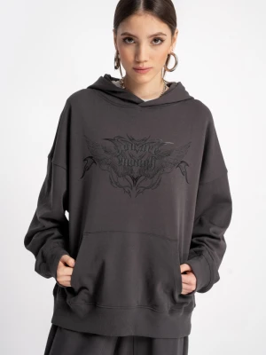Ciemnoszara bluza z kapturem z autorska grafiką z przodu Reporter