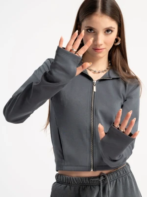 Ciemnoszara bluza z kapturem z modnymi cięciami Reporter