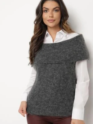 Ciemnoszara Dzianinowa Bluzka Top z Hiszpańskim Dekoltem z Wełną Inathiel acajo