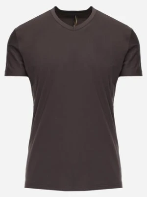 Ciemnoszara Koszulka T-shirt z Bawełny z Dekoltem w Serek Rionisse