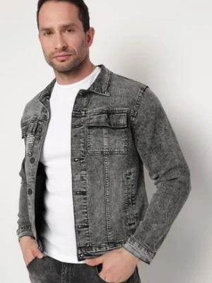 Ciemnoszara Kurtka Jeansowa z Bawełny z Ozdobnymi Napisami Taliea