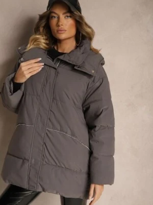 Ciemnoszara Kurtka Oversize z Pikowanymi Przeszyciami Kapturem Kieszeniami i Cyrkoniami Etairea ann gissy